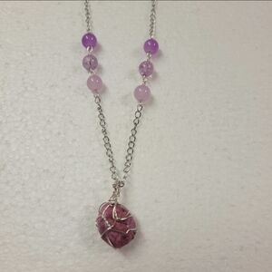 Handcrafted Silver, Pink Rhodonite and Pink Glass Bead Long Necklace